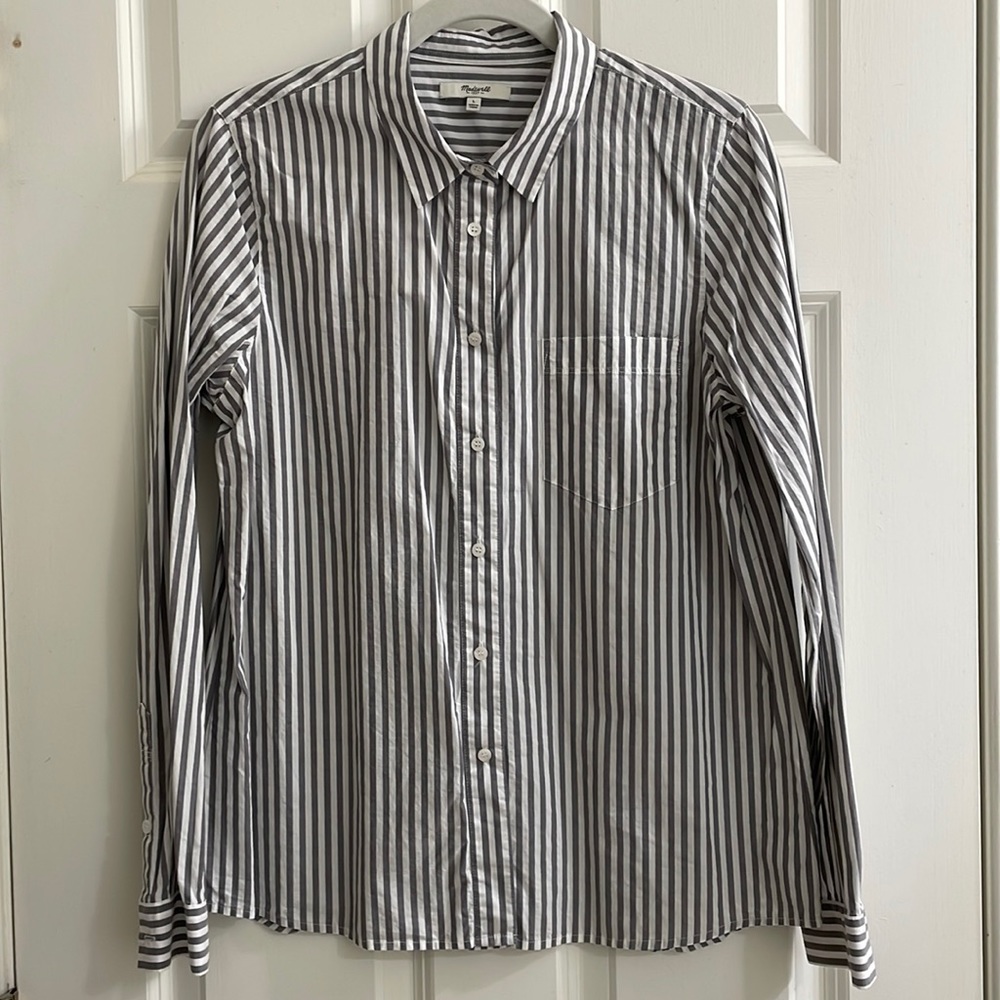 Gray and white (even) striped button down collared shirt